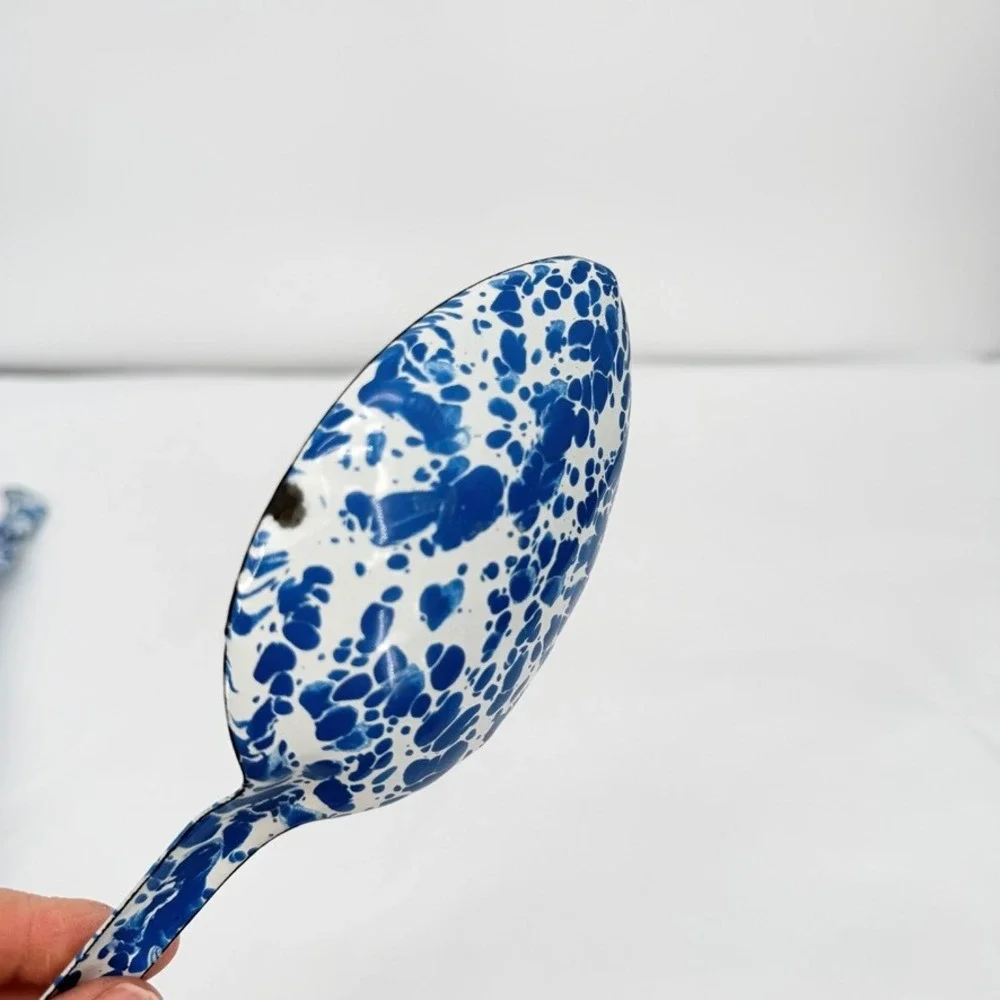 Crow Canyon Enamelware Ladle & Spoon Set Blue Marble Splatter VTG Kitchen